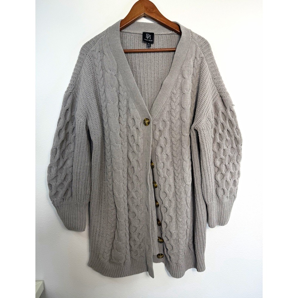 Derek Heart Womens Plus 1X Gray Cable-Knit V-Neck Button Front Cardigan